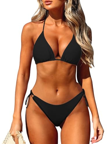 Coloquin Women's Bikini Sets Sexy Halter Triangle Bikini Two Piece Swimsuit Bathing Suit Black M