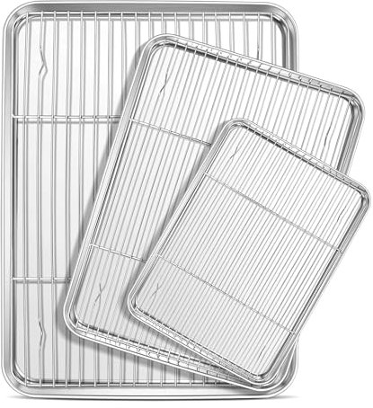 E-far Backblech mit Kühlgitter-Set (3 Pfannen + 3 Gestelle), 40,6 cm, 32,5 cm, 23,6 cm, Edelstahl, Backformen und Drahtgitter für Ofen, ungiftig und leicht zu reinigen