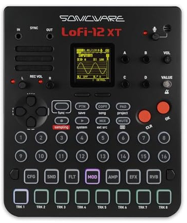 Sonicware Lofi-12 XT [Lo-fi Groovebox & Sampler] Retro-Sampling mit 12bit Sampler-Modus, 8-Spur Step-Sequenzer, 26 Effekte, 15 anschlagdynamische Pads mit RGB-LEDs