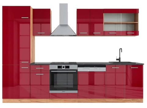 Vicco Küchenzeile R-Line, Rot Hochglanz/Goldkraft Eiche, 300 cm, AP Anthrazit, für Flexible Anordnung und Erweiterung mit Zusatzmodulen