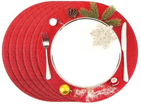 Juego de 6 Manteles Individuales de Helena de 38 cm de Diámetro, Lavables para Comedor, Cocina, Boda, Fiesta, Navidad y Otras Ocasiones (Rojo)