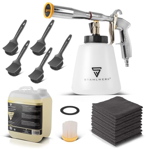 STAHLWERK Druckluft-Reinigungspistole RP-92 ST – Profi Druckluft Reiniger mit Tornado-Effekt, 5 Liter Universalreiniger, Detailing-Pinsel, Autoschwamm & Mikrofasertücher, Innenreiniger, Ausblaspistole