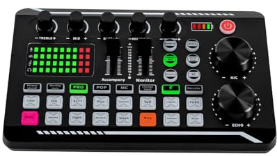 Kit de cartes son en direct F998 Pro Carte son Bluetooth Interface Audio Mixer Noir Faible Bruit Bluetooth Stéréo Audio Mixer pour streaming Youtube en direct, PC, studio d'enregistrement et jeux