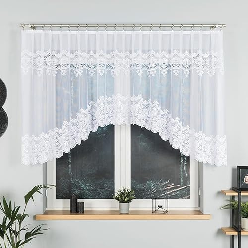 Gardinen Vorhangen Weiß 300x160 cm (BxH) Libretto Stores Gardinen Kurz Jacquard Scheibengardine Wohnzimmer Vorhänge Fertiggardine Küchengardinen Bogen Kurzstores