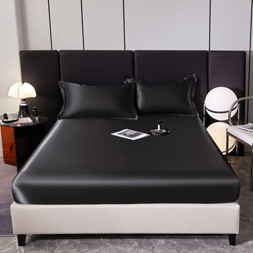 Mesnt Spannbetttücher 200x220, Satin Einfarbig Spannbetttücher Elastisch Bettlaken mit 2 Kopfkissenbezügen für Boxspringbetten, Schwarz
