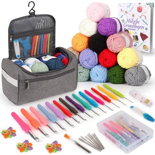 Coopay Juego de 73 Agujas de Ganchillo Para Principiantes - Set Portátil Con 15 Lanas, Bolsa y Accesorios - Agujas Ergonómicas 2,0-10 mm Con Mango