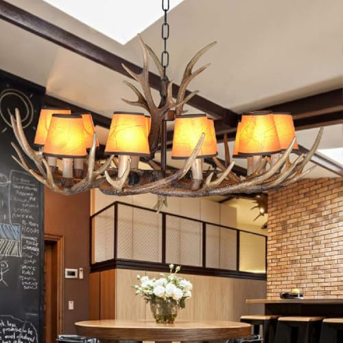 Retro Pendellampe E14 Kronleuchter Harz Geweih Hängelampe American Ländliche Esszimmer Esstisch Pendelleuchte Höhenverstellbarer Hängeleuchte Wohnzimmer Cafe Küche Bar Deckenleuchte(Orange,10 heads)