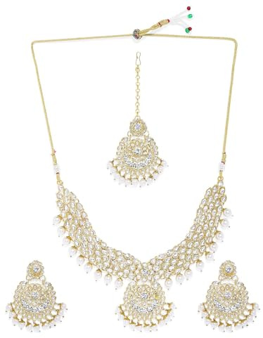 DENMOUS Set di gioielli Kundan tradizionali placcati oro 18 K - DMZ-3312, piccolo, ottone, Small, Ottone