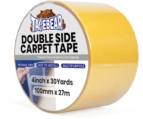 TAPEBEAR Carpet Tape Double Sided 100mm x 27m, Heavy Duty Rug Gripper Anti | Slip Anti Curling Floor Tape Residue-Free, Two Sided, Removable, Waterproof for Area Rugs, Mats, Strong Hold for Tile,Yellow