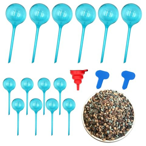 Plastic Self Watering Globes for Plants,14 PCS Plant Watering Globes,with Funnel+Label+Mix Rocks,Plastic Automatic Devices Watering Globe for Indoor Outdoor Plants, Garden,Flowers,Vacation Plant Care