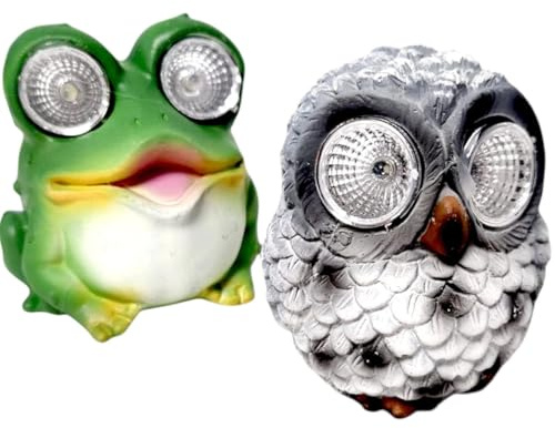 DIVAS SPIRITUAL Pack of 2 Solar Animal Garden Ornaments with LED Eyes Outdoor Resin Statues Weatherproof Decorative Light Up Figures Owl and Frog for Patio Lawn