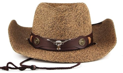 JIAHG Summer Straw Western Cowboy Hat for Men & Women, Foldable Wide Brim Straw Sun Hat Vintage Jazz Panama Cap with Belt, Outdoor UV Protection Travel Beach Cap