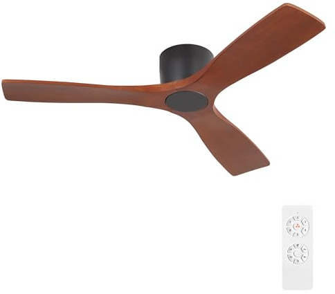 WINGBO 48 Inch Flush Mount DC Ceiling Fan without Lights, 3 Carved Wood Blades, 6-Speed Noiseless Reversible DC Motor, Hugger Ceiling Fan No Lights in Black Finish with Walnut Blades, ETL Listed