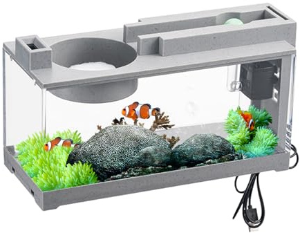 Filtro Interno per Acquario - Kit di Avviamento Acquario 5L | Nano Acquario con Filtro e Luce LED | Costruzione in ABS, Alimentazione USB, (Grigio), Autopulente, Ufficio & Casa Include Sabbia