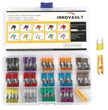 INNOVAULT 120 Stück Kfz Sicherungen Mini, Autosicherungen Set, 5A 10A 15A 20A 25A 30A, Kfz Flachsicherungen Mini+1 Sicherungszieher, gemischte Ersatzsicherungen für PKW, LKW, Wohnmobil, Motorrad