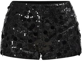 GORGLITTER Pailletten Shorts Damen Hohe Taille Elastische Shorts Glitzer Kurz Hose Hotpants Partyhose Freizeithose für Festivals Outfits Schwarz M