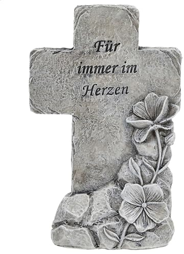 Annastore Besinnliche Grabdeko zur Erinnerung, frostfest und witterungsbeständig Grabschmuck - Grabfigur - Friedhof Deko (Kreuz mit Spruch - H 16 cm - Für Immer im Herzen)