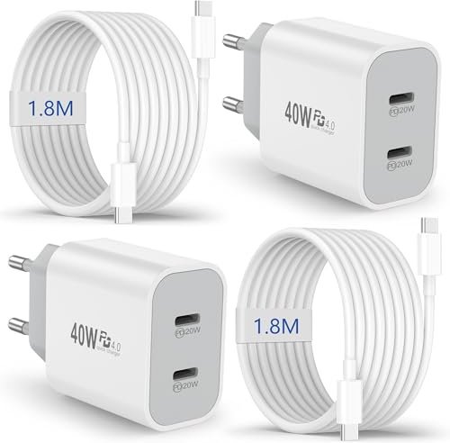 Chargeur USB C 20 W, Lot de 2, Adaptateur Secteur USBC à 2 Ports pour iPhone 17/16/16e/16 Plus/16 Pro/16 Pro Max/15/15 Pro/15 Pro Max, iPad, Chargeur Rapide avec câble de Chargement USB-C de 1,8 m