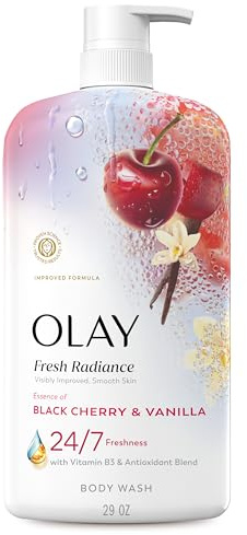 Olay Body Wash for Women, Fresh Radiance, 24/7 Skin-Loving Freshness, Visibly Radiant, Plant Based Cleansers, Vitamin B3 & Antioxidant Blend, For All Skin Types, Black Cherry & Vanilla Scent, 29 fl oz