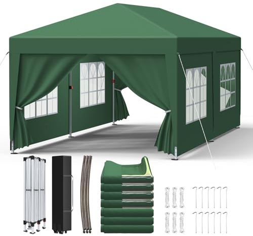 Kidsgigglz Tonnelle 3x6 m, Pavillon pliable pop-up réglable en hauteur, imperméable et stable, structure en acier avec renforcement de toit, tente de fête avec parois latérales, cordes et piquets, sac