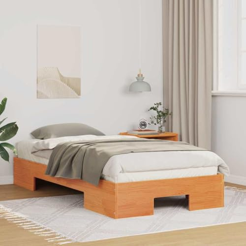 Ordellia Golvsängsram brun 100 x 200 cm massivt trä furu, robust plattformssäng för sovrum, hållbara möbler, enkel konstruktion, modern design