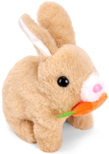Juguete interactivo de conejo, conejo saltando, conejo, peluches pequeños, hace ruido y sus orejas y nariz se mueven, conejo de peluche para regalos de Pascua (marrón claro + caja de regalo)