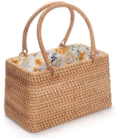 XIMISISE Small Rattan Handbag for Women, Wicker Basket Purse, Handwoven Summer Beach Bag for Travel, Vacation, Wedding (Wind Chime Flower Lining)