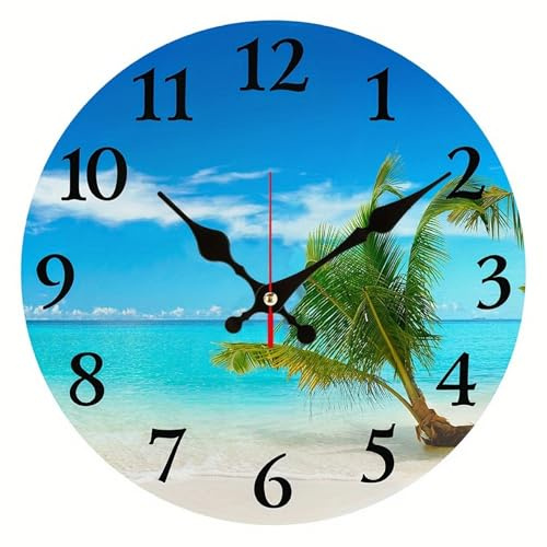 Horloge de plage Horloge murale côtière de 10 pouces Horloges murales décoratives silencieuses sans tic-tac avec thème océan bleu pour salon, salle bain, chambre à coucher Horloges décorative