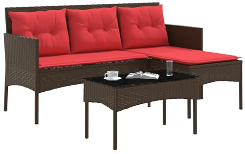 vidaXL Gartensofa-Set mit Kissen 2 pcs Braun und Rot Poly-Rattan, Garten und Terrasse, L-Form, modernes Outdoor-Sofa, langlebiges Rattan-Set, wetterbeständig, Terrassen-Lounge, modulare Sitzlösung