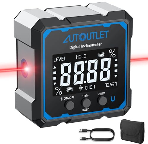 AUTOUTLET Digitaler Winkelmesser mit Laser, Wasserwaage Laser Neigungsmesser LCD-Display wiederaufladbar, 4-Seitiges Magnetisch, ±0,1° Präzision & IP54 Wasserdicht, Bevel Box für Holzarbeiten Bau DIY