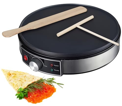 Máquina Eléctrica para Pancakes 1000W, Crepera Automática de 11.8 Pulgadas con Espátula de Madera & Indicador LED, Temperatura Ajustable, Recubrimiento Antiadherente, para Roti, Tortilla, Pancakes