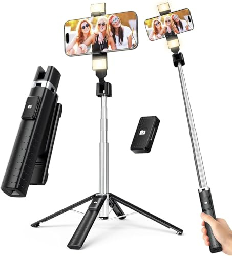 Selfie Stick Tripod with 2 Fill Light, 41 Extendable Cell Phone Tripod Stand with Detachable Remote, Portable Travel Tripod for Vlogging/Video Recording, Compatible with iPhone 17/16, Samsung