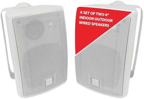 Dual Electronics LU43PW 4 3-Way High Performance Outdoor Indoor Wired Speakers | Effortless Set Up | Home, Pool, Patio, Garage Use | Weather & UV Resistant | Expansive Stereo Sound Coverage | White