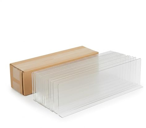 Shelf Dividers, 50 Pack, Self Adhesive, 3” H x 9.5” L Shelf Separators for Retail Shelving, Pantry & Closet Organization, Easy Stick 20 Mil Clear PVC, Product Display Dividers, Clip Strip Corp
