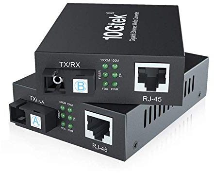 10Gtek One Pair Gigabit Ethernet Media Converter, with Built-in 1Gb BiDi Single-Mode SC Transceiver and Single SC Fiber Connector, 1310/1550nm, 20km