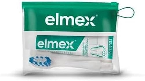 Elmex Mini-Zahnpasta für Reisen, Mini-Zahnbürste für empfindliche Zähne, Reise-Set – Schutz und Stärkung des Zahnschmelzes – kompaktes Reiseformat 12 ml