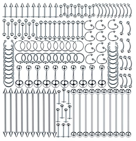 Xpircn 150PCS Mixed Piercing Stainless Steel Nose Horseshoe Lip Tongue Eyebrow Tragus Septum Clicker Body Piercing Navel Belly Ring Nipple Industrial Barbells 14G 16G 20G