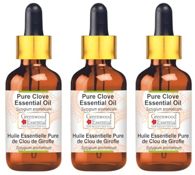 Greenwood Essential Huile essentielle de clou de girofle naturelle (Syzygium aromaticum) avec compte-gouttes en verre, distillée à la vapeur, 100 ml x 3 (10 oz)