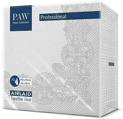 PAW - Servietten aus Airlaid - Stoffähnlich (40 x 40 cm) I 50 Stück I Ideal für Hochzeit, Taufe, Kommunion, Geburtstag I Stoffservietten - Ornament, Silber, Rahmen I Farbe: Royal Lace (silver)