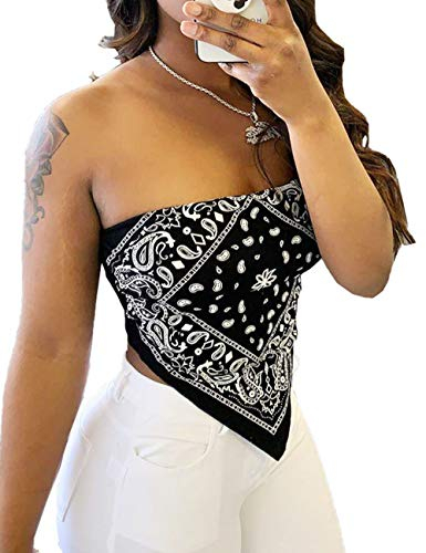 HAHAEMMA Damen Tube Schulterfrei Trägerlos Ärmellos Tie Dye Crop Bandana Paisley Top Top Hemdbluse Sommer