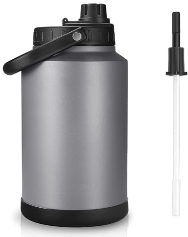 Sursip 1 Gallon Insulated Water Jug wtih Straw, Stainless Steel Large Sports one Gallon Water Bottle for Travel, Hiking, Camping 128 oz(Grey)