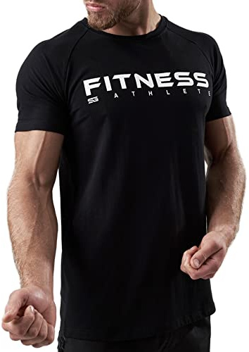 Satire Gym - Fitness Slim Fit T-Shirt aus Baumwolle Herren/Eng sitzende & schnell trocknende Sportbekleidung für Männer – Herren Sport Shirt als Gym & Fitness Shirt (Schwarz mit Athlete Print, M)