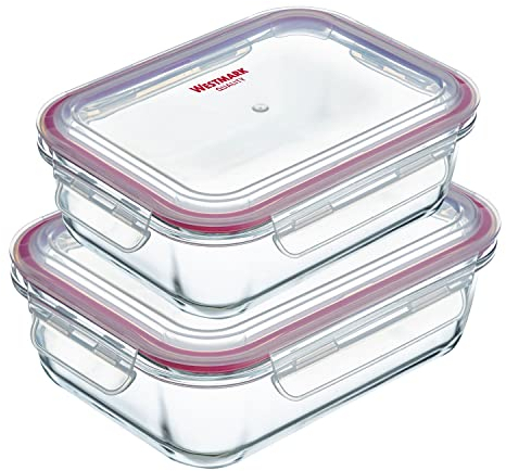 Westmark 2 Glas-Frischhaltedose, mit Clip-Deckel, Füllvolumen: 370ml + 640ml, luftdicht, tiefkühl- und mikrowellengeeignet, ofenfest, BPA-frei, Glas/Kunststoff/Silikon, Klar/Rot, 234222E6
