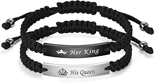 JewelryWe Schmuck Pärchen Armband Lederarmband mit Her King His Queen Hochglanz Poliert Edelstahl Leder Seil geflochten Partnerarmband Freundschaftsarmband Paar Armreifen Verstellbar, Schwarz Silber