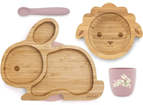 Koko Kids® Bamboo and Silicone Feeding Set ~ Rabbit Suction Plate, Lamb Suction Bowl, Silicone Cup and Spoon (Rosa)