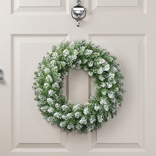 Christow Frosted Christmas Wreath for Front Door, Luxury Artificial Spruce Wreath with Snow, Home Xmas Decoration, Natural Looking Dual Tone PVC Needles, Easy Hanging for Wall Window (45cm /120 Tips)