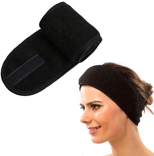 1 Pezzi Fascia Skincare Microfibra Capelli Regolabili con Magic Tape,Fascia Spugna Makeup per Viso e Doccia,Fascia Capelli Donna Trucco Spa per Doccia Yoga Sport-Nero