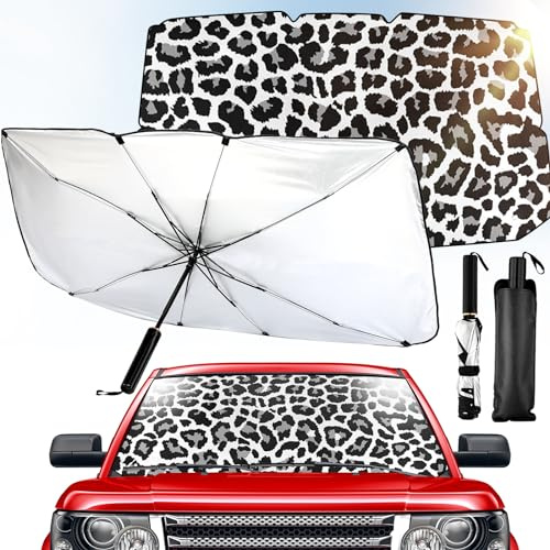 Riakrum Car Windshield Sun Shade Umbrella Foldable UV Ray Windshield Sun Shade Car Front Window Sunshade Keep Vehicle Cool Heat Reflector, Fit Windshield of Various Size(Leopard, 46.5 x 53.2 x 30.3)