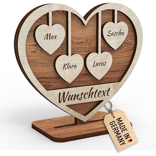 Urhome Holz Herz mit Gravur 4 Namen personalisiert Holzdeko Herzform Schild Geschenk für Großeltern Mama Oma Opa Eltern Mutter Hochzeit Muttertag Wunschtext Individuell mit Ständer