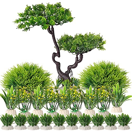 BEGONDIS 25 Stück Kunststoff Aquarium Pflanzen Baum Set, Kunststoffblumen Künstliche Aquatische Pflanzen Künstliche Fisch Tank Pflanzen für Aquarium Dekorationen